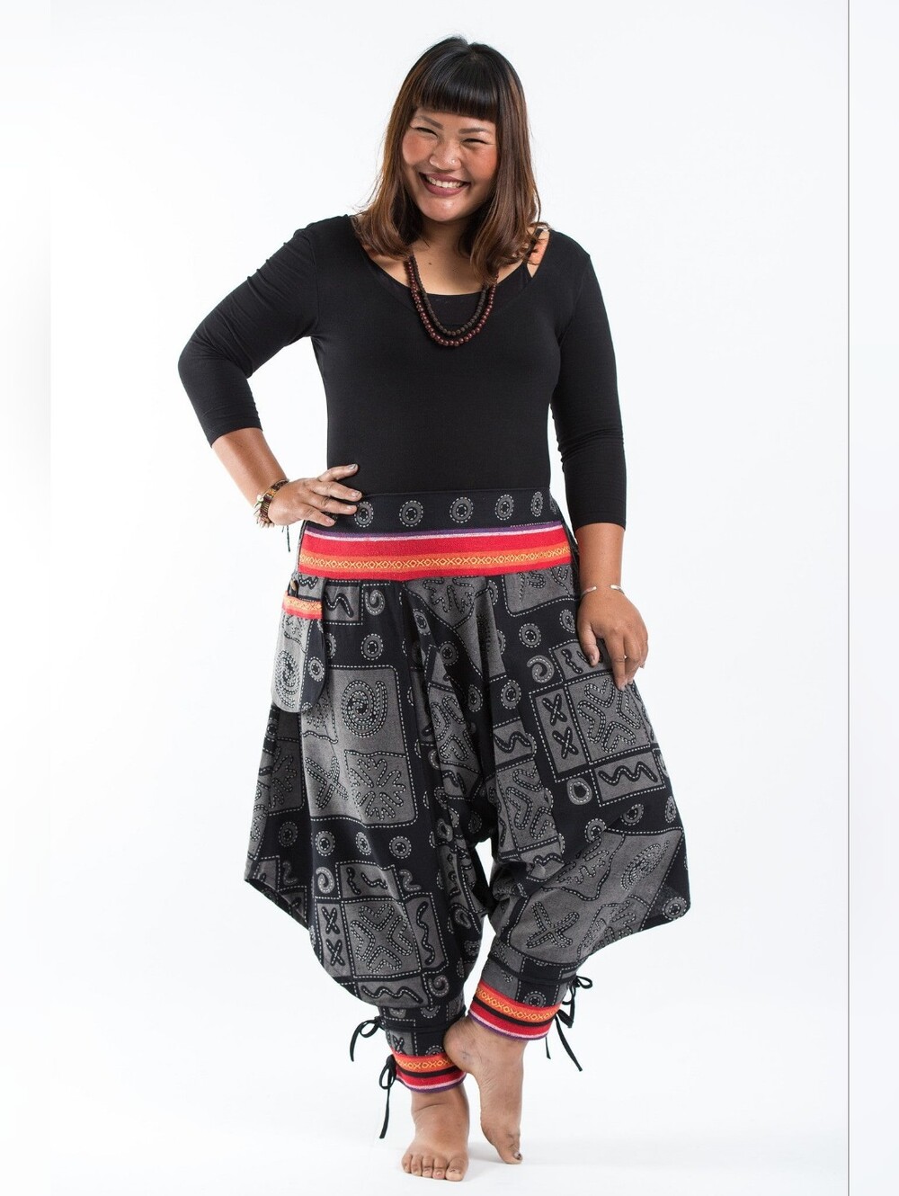 Unisex Black Abstract Patterned Harem Pants with Red Trim